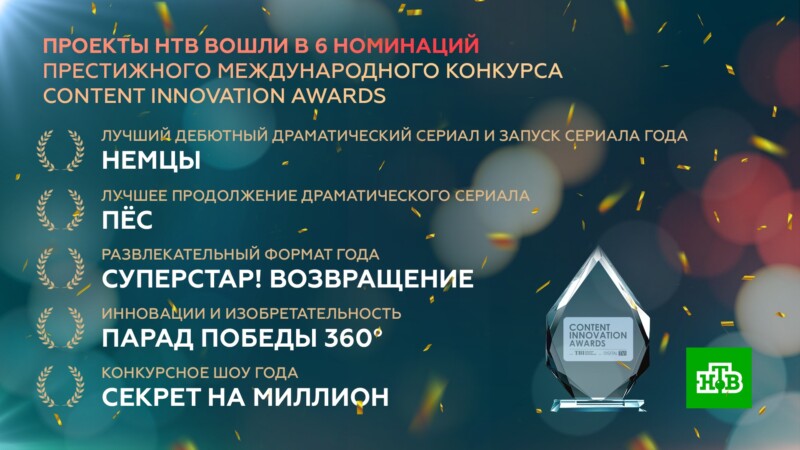 Проекты НТВ вошли в 6 номинаций престижного международного конкурса Content Innovation Awards